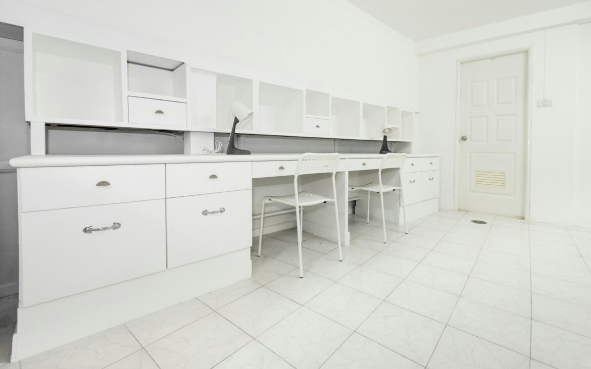 white wooden kitchen cupboards